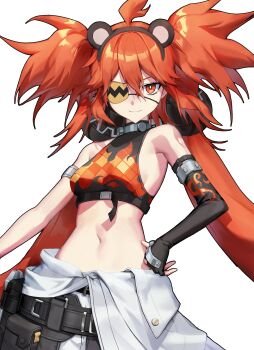1girl ahoge animal_ears bare_shoulders bear_ears black_gloves breasts crop_top eyepatch fake_animal_ears fingerless_gloves gloves hair_between_eyes hair_ornament highres holding koleda_belobog leenali long_hair looking_at_viewer midriff navel pants red_eyes red_hair simple_background solo sphere_hair_ornament twintails zenless_zone_zero