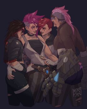 2xko 4girls absurdres arcane:_league_of_legends arcane_vi arm_around_waist asymmetrical_hair earclip earrings eyebrow_cut face_piercing facial_tattoo hand_wraps harness highres in-franchise_crossover jewelry league_of_legends lip_piercing multiple_earrings multiple_girls multiple_persona neck_tattoo nose_piercing piercing pink_hair red_hair selfcest sidecut smile tattoo undercut undressing_another vi_(league_of_legends) wickedpan wrist_wrap