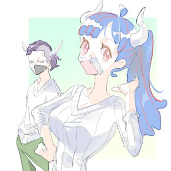 1boy 1girl alternate_hairstyle blue_hair breasts brother_and_sister collarbone commentary green_pants hand_on_own_hip high_ponytail horns long_hair looking_at_viewer lowres mask medium_breasts mouth_mask one_piece page_one_(one_piece) pants pink_eyes ponytail purple_hair raine_(acke2445) siblings sweater symbol-only_commentary ulti_(one_piece) upper_body v-neck white_sweater