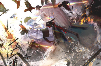 1girl absurdres armband bird black_armband black_gloves black_horns black_jacket black_pants bleeding blood broken_glass chinese_commentary commentary_request crow curled_horns from_side glass gloves high-waist_pants highres horns jacket jacket_on_shoulders jin_sumire medium_hair pants parted_lips red_eyes shirt sleeves_rolled_up solo white_hair white_shirt wuthering_waves zani_(wuthering_waves)