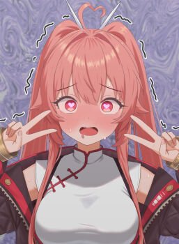 1girl absurdres ahegao ahoge blush breasts chaos_zero_nightmare cropped_jacket double_v heart heart-shaped_pupils heart_ahoge highres jacket konjou large_breasts long_hair long_sleeves looking_at_viewer mei_lin_(chaos_zero_nightmare) nail_polish open_clothes open_jacket pink_hair red_eyes solo symbol-shaped_pupils twintails upper_body v