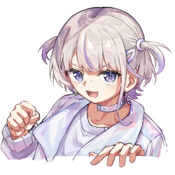 1girl blonde_hair choker commentary_request hololive hololive_dev_is jacket looking_at_viewer medium_hair multicolored_hair purple_eyes purple_streaks shirt smile solo streaked_hair todoroki_hajime todoroki_hajime_(1st_costume) two_side_up u_da_desu virtual_youtuber white_background white_choker white_jacket white_shirt