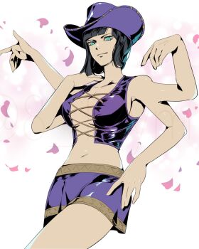 1girl 1natsu_(8_12ym) black_hair breasts closed_mouth collarbone commentary_request cowboy_shot extra_arms hana_hana_no_mi hat highres looking_at_viewer navel nico_robin one_piece petals purple_hat purple_skirt purple_vest short_hair sideboob skirt solo vest white_background