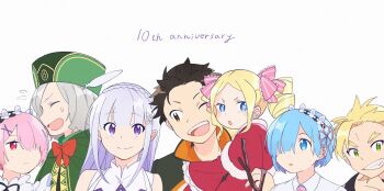 3boys 4girls beatrice_(re:zero) black_hair blonde_hair blue_eyes blue_hair brown_eyes brown_hair capelet closed_eyes drill_hair emilia_(re:zero) flower fur-trimmed_capelet fur_trim garfiel_tinsel green_eyes grey_hair grin hair_flower hair_ornament hair_over_one_eye hair_ribbon hat highres long_hair looking_at_viewer maid maid_headdress multiple_boys multiple_girls natsuki_subaru one_eye_closed open_mouth otto_suewen pink_hair pointy_ears purple_eyes ram_(re:zero) re:zero_kara_hajimeru_isekai_seikatsu red_capelet red_eyes rem_(re:zero) ribbon roswaal_mansion_maid_uniform short_hair siblings smile symbol-shaped_pupils twin_drills twins white_background x_hair_ornament yuyuyu9526