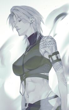 1girl abs absurdres arm_belt arm_tattoo bare_shoulders belt belt_buckle buckle chest_belt commentary_request cowboy_shot cropped_shirt ear_piercing eyelashes eyeshadow greyscale highres lipstick makeup monochrome multiple_belts multiple_piercings navel no_coat nostrils o-ring o-ring_belt parted_bangs parted_lips path_to_nowhere piercing pointy_nose shirt short_hair shoulder_tattoo side_slit sleeveless sleeveless_shirt smoke solo standing tattoo teeth thick_eyebrows thinking toho10min toned toned_female turtleneck turtleneck_shirt white_background zoya_(path_to_nowhere)
