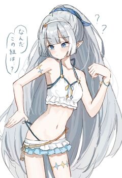 1girl ? ?? ahoge bare_shoulders bikini blue_eyes bracelet breasts commentary_request cowboy_shot female_tyrant_(stella_sora) female_tyrant_(swimsuit)_(stella_sora) frilled_bikini frills grey_hair highres jewelry long_hair navel official_alternate_costume pointy_ears ponytail raised_eyebrow simple_background small_breasts solo stella_sora swimsuit translation_request tyrant_(stella_sora) uzuraa white_background white_bikini
