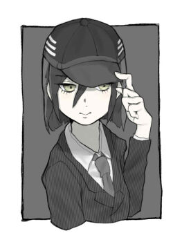 Rule 34 | 1girl, baseball cap, black hair, black hat, black jacket, blazer, blunt ends, border, closed mouth, collared shirt, commentary request, cropped torso, danganronpa (series), danganronpa v3: killing harmony, dot nose, expressionless, fingernails, genderswap, genderswap (mtf), grey background, grey necktie, hair between eyes, hand on headwear, hat, jacket, layered sleeves, long eyelashes, long hair between eyes, long sleeves, looking to the side, necktie, outside border, pale skin, pinstripe jacket, pinstripe pattern, saihara shuichi, shirt, short hair, solo, tappo (gemori), unmoving pattern, white border, white shirt, yellow eyes