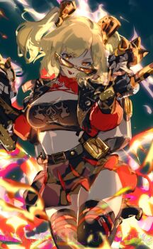 Rule 34 | 1girl, absurdres, black jacket, black skirt, black thighhighs, black tube top, blonde hair, blush, breasts, burnice white, cleavage, crop top, flamethrower, gloves, highres, holding, holding flamethrower, holding weapon, jacket, large breasts, looking at viewer, looking over eyewear, mochi upamo, open mouth, propane tank, red-tinted eyewear, red eyes, skirt, smile, solo, spiked belt, strapless, sunglasses, thighhighs, tinted eyewear, tube top, twintails, weapon, zenless zone zero