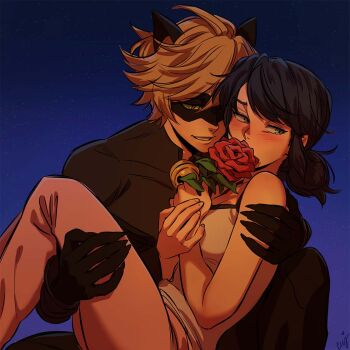 1boy 1girl animal_ears bell black_bodysuit blonde_hair blue_eyes blue_hair blush bodysuit breasts carrying cat_boy cat_ears ceejles chat_noir cleavage colored_sclera commentary domino_mask english_commentary eye_mask flower holding holding_flower jingle_bell marinette_dupain-cheng mask miraculous_ladybug pants pink_pants princess_carry rose shirt short_twintails sleeveless sleeveless_shirt twintails white_shirt yellow_eyes