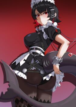 1girl absurdres angry ass ass_focus black_hair black_pantyhose breasts clarkekitsp clothes_lift colored_inner_hair commentary ellen_joe fins fish_tail from_behind hair_ornament hairband highres large_breasts large_tail looking_at_viewer maid maid_headdress metal_hairband mole mole_on_arm mole_under_eye multicolored_hair pantyhose razor_blade_hair_ornament red_background red_eyes red_hair shark_girl shark_tail short_hair simple_background skirt skirt_lift solo spiked_headband tail two-tone_hair untranslatable_commentary upper_body zenless_zone_zero