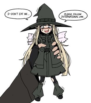 1girl 1other belt black_shoes black_thighhighs blonde_hair carrying carrying_person dress english_text full_body green_belt green_dress green_hat green_jacket grey_eyes hat holding holding_mini_person in_palm jacket karepack large_hat legs_apart long_hair looking_at_viewer mini_person minigirl open_mouth original pointy_ears pov pov_hands restrained scared shaking shoes solo_focus speech_bubble straight-on sweat thighhighs torn_clothes torn_thighhighs white_wings wings