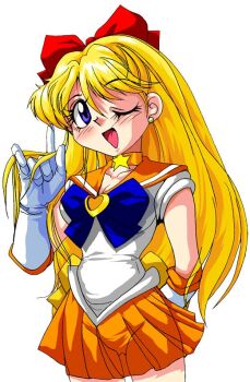 Rule 34 | 1990s (style), aino minako, bishoujo senshi sailor moon, blonde hair, blush, earrings, eyeball (artist), gloves, jewelry, long hair, one eye closed, open mouth, retro artstyle, sailor venus, smile, star (symbol), very long hair, wink