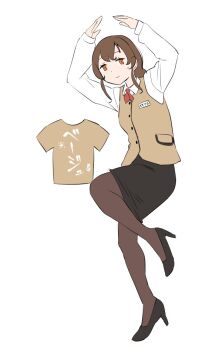 Rule 34 | 1girl, alternate costume, arms up, black pantyhose, black shoes, black skirt, brown hair, brown shirt, brown vest, collared shirt, commentary request, dress shirt, full body, high heels, kantai collection, long hair, orange eyes, pantyhose, pencil skirt, shirt, shoes, sidelocks, skirt, solo, souya (kancolle), t-shirt, tamu (mad works), unworn shirt, vest, white shirt