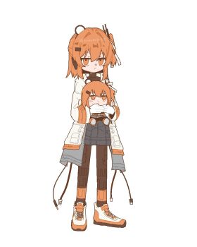 1girl a.i._voice adachi_rei black_pantyhose cable character_doll closed_mouth coat commentary doll full_body fumo_(doll) grey_skirt highres holding holding_doll kurusuke_(kurumi) looking_at_viewer medium_hair miniskirt open_clothes open_coat orange_eyes orange_hair pantyhose shoes simple_background skirt solo standing utau white_background white_coat white_shoes