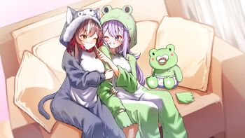 2girls animal_costume arm_hug brown_hair cheek_poking chisaka_airi couch crescent crescent_hair_ornament eepy_sleepy frog frog_costume hair_ornament highres kghazir looking_at_another multiple_girls one_eye_closed onesie pacifier phase_connect poking purple_eyes purple_hair sitting smile star_(symbol) star_hair_ornament virtual_youtuber wolf wolf_costume yellow_eyes