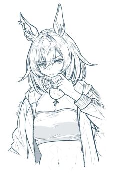 1girl animal_ears collar crop_top highres horse_ears horse_girl mask mask_pull mouth_mask navel sirius_symboli_(umamusume) sketch surgical_mask umamusume urururike vest white_background