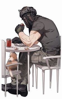 Rule 34 | 1boy, absurdres, animal, belt, black belt, black gloves, black shirt, burger, calico (pattern), calico cat, call of duty, call of duty: modern warfare 2, can, cargo pants, cat, chair, commentary, crossed ankles, crumbs, drink can, eating, elbow rest, english commentary, food, food wrapper, gloves, grey eyes, grey pants, helmet, highres, holding, holding burger, holding food, konig (call of duty), looking at viewer, male focus, mask, multicolored cat, multiple scars, muscular, muscular male, niktatek0, on chair, pants, plate, scar, scar on arm, shirt, shoes, short sleeves, simple background, sitting, soda, soda can, t-shirt, white background