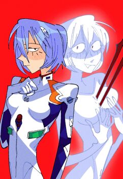 2girls ansaleigh ayanami_rei blue_hair bodysuit breasts commentary english_commentary highres interface_headset_(evangelion) lance_of_longinus_(evangelion) lilith_(ayanami_rei) looking_at_viewer mecha_pilot_suit multiple_girls neon_genesis_evangelion no_nipples plugsuit_(evangelion) red_background short_hair simple_background the_end_of_evangelion white_bodysuit