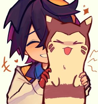 &gt;_&lt; 1boy :d black_hair blueberry_academy_school_uniform brown_fur closed_eyes colored_inner_hair crossed_bangs furret gen_2_pokemon gloves grin hair_between_eyes hairband happy heart holding holding_pokemon ikogo9 male_focus multicolored_hair nintendo open_mouth pokemon pokemon_(creature) pokemon_sv purple_hair red_gloves school_uniform short_hair single_glove smile sparkle white_background xd yellow_hairband