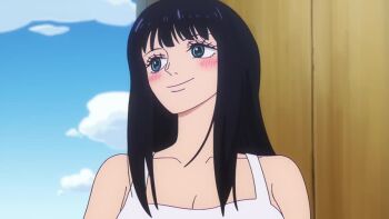 1girl animated anime_screenshot bare_shoulders black_hair blinking blue_eyes blunt_bangs blush closed_eyes cloud cloudy_sky collarbone day long_hair looking_afar looking_to_the_side looking_up nico_robin one_piece shirt sky sleeveless sleeveless_shirt smile solo tagme tank_top video white_shirt wind
