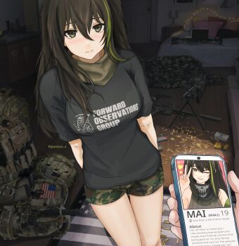 1girl absurdres american_flag ammunition ammunition_box assault_rifle at4 backpack bag bandana black_shirt blush brown_eyes brown_hair bulletproof_vest camouflage camouflage_shorts cartridge cellphone commentary dgkamikaze dutch_angle english_commentary fn_minimi girls&#039;_frontline green_hair gun hair_between_eyes helmet highres holding holding_phone indoors long_hair looking_at_viewer m4_carbine m4a1_(girls&#039;_frontline) magazine_(weapon) multicolored_hair phone pov print_bandana radio_antenna rifle rocket_launcher shears shirt short_shorts short_sleeves shorts skull_print smartphone solo_focus staccato_2011 streaked_hair two-tone_hair walkie-talkie weapon woodland_camouflage