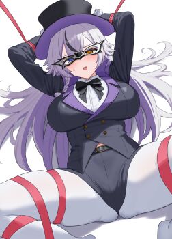 1girl arms_behind_head arms_up bdsm belt black_hair black_jacket black_shorts blue_eyes blush bondage bound bound_arms bound_legs bow bowtie braid breasts commentary_request domino_mask eye_mask goddess_of_victory:_nikke grey_hair hat heterochromia highres jacket large_breasts long_hair long_sleeves looking_at_viewer mask multicolored_hair open_mouth orange_eyes paid_reward_available pantyhose phantom_(nikke) purple_hair red_ribbon restrained ribbon shirt shorts smile solo spread_legs streaked_hair thighs top_hat two-tone_hair virtual_youtuber white_background white_pantyhose white_shirt xi_oshir1 yellow_eyes