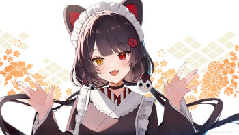 1girl :d \||/ animal_ears black_kimono blush brown_hair commentary_request dog_ears dog_girl double_\||/ fangs hands_up heterochromia highres inui_toko japanese_clothes kimono long_hair long_sleeves looking_at_viewer low_twintails maid maid_headdress miyanami_3 nijisanji open_mouth portrait red_eyes smile solo twintails virtual_youtuber wa_maid wide_sleeves yellow_eyes