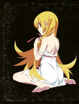 1girl absurdres bare_back bare_shoulders barefoot black_background blonde_hair closed_mouth dark_background dress feet female_focus from_behind full_body highres knee_blush kneeling legs loli long_hair looking_at_viewer looking_back medium_skirt monogatari_(series) no_bra official_art oshino_shinobu pink_ribbon ribbon scan sexually_suggestive shoulder_blush sitting skirt sleeveless sleeveless_dress solo solo_focus strap_slip teeth thighs toes vampire very_long_hair watanabe_akio white_dress white_skirt yellow_eyes