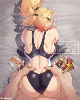Rule 34 | 1boy, 1girl, absurdres, all fours, ass, ass focus, back, back cutout, backboob, bare shoulders, bed sheet, blonde hair, blush, borrowed character, breasts, clothed female nude male, clothing cutout, competition swimsuit, doggystyle, elbow gloves, english text, female pubic hair, from behind, gloves, green eyes, grin, hair ornament, hair stick, heart, hetero, highres, huge ass, isabongos, large breasts, long hair, looking at viewer, looking back, motion lines, nude, on bed, one-piece swimsuit, original, plap, ponytail, pubic hair, sex, sex from behind, shoulder blades, sidelocks, smile, sound effects, speed lines, sweat, swimsuit, textless version, thighs, torso grab, uncensored, watermark, wide hips