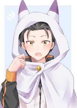 1boy animal_ears black_hair black_sleeves borrowed_clothes cape chii_(sbshop) fox_ears highres hood hood_up hooded jacket long_sleeves looking_at_viewer male_focus natsuki_subaru open_mouth re:zero_kara_hajimeru_isekai_seikatsu short_hair track_jacket white_cape white_jacket yellow_eyes zipper