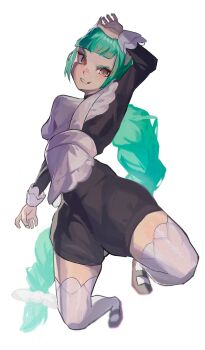 1girl absurdres apron black_romper blunt_bangs bow bowtie braid braided_ponytail brown_eyes full_body green_hair highres juliet_sleeves lebanne_(pokemon) long_braid long_hair long_sleeves looking_at_viewer maid maid_apron maid_headdress nintendo open_mouth pokemon pokemon_legends:_z-a puffy_sleeves rasoso_(wyzx4524) romper smile solo thighhighs tsurime white_bow white_bowtie white_thighhighs