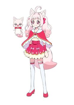 1girl @est@ ahoge animal animal_ears bow bowtie brooch capelet closed_mouth commentary_request creature creature_and_personification delicious_party_precure dress dual_persona fox fox_ears fox_girl fox_tail full_body hair_bow hair_intakes heart high_heels highres humanization jewelry kome-kome long_hair looking_at_viewer magical_girl mascot multicolored_hair personification pink_bow pink_eyes pink_hair pink_skirt precure red_capelet red_skirt ribbon shoes simple_background skirt smile solo standing tail thighhighs transparent_background twintails white_background white_thighhighs zettai_ryouiki