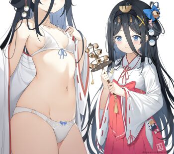 1girl aris_(blue_archive) black_hair blue_archive blue_bow blue_eyes bow bra breasts chintora0201 commentary_request covered_erect_nipples hair_between_eyes hair_bow hakama highres japanese_clothes long_hair miko multiple_views navel panties red_hakama simple_background small_breasts thighs underwear very_long_hair white_background white_bra white_panties wide_sleeves
