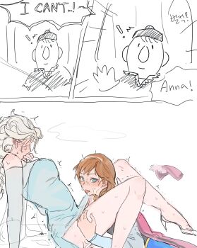 2girls absurdres anna_(frozen) blonde_hair blush braid cunnilingus dress elsa_(frozen) freckles frozen_(disney) frozen_1022 half_up_braid highres incest licking long_hair long_sleeves multiple_girls oral orange_hair pussy_juice siblings simple_background single_braid sisters speech_bubble spread_legs tongue white_background white_hair yuri