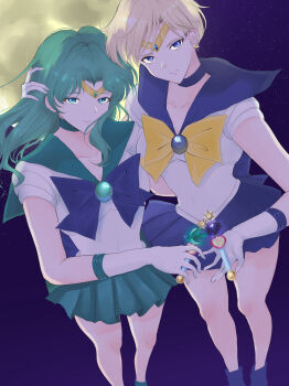 2girls absurdres aqua_choker aqua_eyes aqua_hair aqua_sailor_collar aqua_skirt bishoujo_senshi_sailor_moon blonde_hair blue_bow blue_bowtie blue_choker blue_sailor_collar blue_skirt bow bowtie choker circlet collarbone couple earrings gloves highres hug huge_moon jewelry kaiou_michiru long_hair looking_at_viewer magical_girl miniskirt moon multiple_girls night night_sky outer_senshi pleated_skirt purple_eyes sailor_collar sailor_neptune sailor_senshi sailor_senshi_uniform sailor_uranus short_hair skirt sky standing star_(sky) starry_sky ten&#039;ou_haruka white_gloves xiangrikui yellow_bow yellow_bowtie yuri