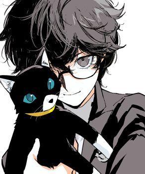 1boy absurdres ako_(eanaaati1) amamiya_ren animal black-framed_eyewear black_hair black_jacket blazer blue_eyes cat chinese_commentary closed_mouth commentary_request glasses grey_eyes highres holding holding_animal holding_cat jacket looking_at_viewer male_focus morgana_(cat)_(persona_5) morgana_(persona_5) one_eye_covered persona persona_5 portrait semi-rimless_eyewear short_hair simple_background smile under-rim_eyewear white_background