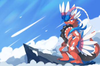 1258265894 blue_sky brown_eyes cliff closed_mouth cloud commentary_request day highres koraidon looking_ahead nintendo no_humans outdoors pokemon pokemon_(creature) sky snow solo standing