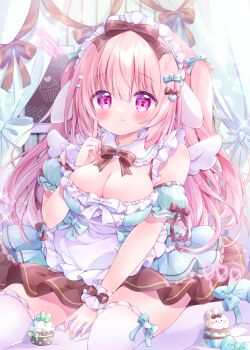1girl :s \||/ animal_ears bare_shoulders blue_bow blush bow bow_legwear breasts chiika_(cure_cherish) collar commentary_request cupcake curtains dated dress feathered_wings finger_to_cheek floppy_ears food frilled_collar frilled_dress frilled_wrist_cuffs frills hair_between_eyes hair_bow headdress heart index_finger_raised large_breasts lolita_fashion long_hair looking_at_viewer original pink_bow pink_eyes pink_hair rabbit_ears red_bow sitting skindentation solo sparkle sweet_lolita thighhighs two_side_up wariza white_thighhighs wings wrist_cuffs