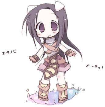 1girl animal_ears black_hair blush boots brown_boots brown_gloves brown_shorts cat_ears chest_guard commentary_request cosplay droopy_ears full_body gloves grey_shirt kuzuhara_rina long_hair looking_at_viewer lowres lucky_star novice_(ragnarok_online) novice_(ragnarok_online)_(cosplay) oekaki open_mouth purple_eyes ragnarok_online shirt shorts sleeveless sleeveless_shirt smile solo tamura_hiyori