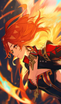 Rule 34 | 1girl, absurdres, ahoge, biker clothes, bikesuit, black bodysuit, blonde hair, bodysuit, breasts, cleavage, genshin impact, highres, long hair, mavuika (genshin impact), multicolored hair, red hair, shali, smile, solo, upper body