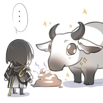 ... 1girl absurdres animal arknights arknights:_endfield black_coat black_hair black_pantyhose blush coat cumulussen endministrator_(arknights) female_endministrator_(arknights) from_behind highres long_sleeves pantyhose poop shadow short_hair simple_background standing star_(symbol) twitter_username white_background