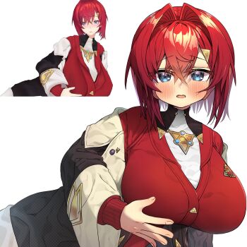 1girl alternate_breast_size_(larger) ange_katrina ange_katrina_(1st_costume) ben-day_dots black_coat blue_eyes blush breasts cardigan coat commentary_request crossed_bangs double-parted_bangs hair_between_eyes hair_intakes hair_ornament harumina_mau highres huge_breasts long_bangs long_sleeves looking_at_viewer looking_to_the_side medium_hair nijisanji off_shoulder open_mouth red_cardigan red_hair reference_inset screenshot_inset screentones simple_background solo triangle_hair_ornament upper_body virtual_youtuber white_background