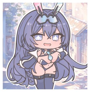 +_+ 1girl ai-assisted ai-generated_background animal_ears artist_name azur_lane blue_eyes blue_hair blue_jacket blue_panties blue_thighhighs blush border breasts building character_name chibi chibi_only cleavage commentary cropped_jacket crossed_bangs day eyewear_on_head fake_animal_ears fang futaba_(anti_clockwise) hair_between_eyes highres jacket large_breasts leaf long_hair long_sleeves looking_at_viewer navel necktie new_jersey_(azur_lane) new_jersey_(black_blur_prelude)_(azur_lane) official_alternate_costume open_clothes open_jacket open_mouth outdoors outline panties rabbit_ears race_queen road skin_fang skindentation sleeves_past_wrists smile solo street symbol-only_commentary thighhighs thighs tree underwear very_long_hair white_border white_outline zettai_ryouiki zipper