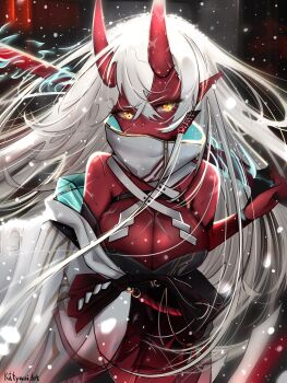 Rule 34 | 1girl, akumi (yoclesh), black dress, breasts, cleavage, colored skin, commentary, covered mouth, dress, earrings, english commentary, haanariia, hair between eyes, highres, holding, holding sword, holding weapon, horns, indie virtual youtuber, jewelry, katana, large breasts, long hair, looking at viewer, oni, pointy ears, red horns, red oni, red skin, scar, scar on arm, scar on chest, scar on face, solo, sword, very long hair, virtual youtuber, weapon, white hair, yellow eyes