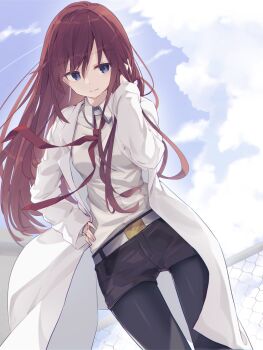 Rule 34 | 1girl, belt, black pantyhose, black shorts, blue eyes, chain-link fence, cloud, cloudy sky, commentary request, cowboy shot, day, dress shirt, fence, highres, lab coat, long hair, looking at viewer, makise kurisu, necktie, pantyhose, playing with own hair, rb2, red hair, red necktie, science adventure, shirt, shorts, sky, smile, solo, steins;gate, white shirt, wind