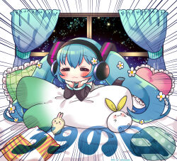 Rule 34 | 1girl, :3, blue hair, blush, chibi, commentary, curtains, detached sleeves, emphasis lines, eyelashes, flower, frilled pillow, frills, hair flower, hair ornament, hatsune miku, headphones, heart, heart-shaped pillow, highres, miku day, no nose, pillow, semausa, sky, solo, spring onion, star (sky), starry sky, stuffed animal, stuffed toy, translation request, twintails, vocaloid, white flower, window