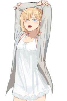 1boy arms_up black_panties blonde-haired_boy_(sunaba_(nczd5875)) blonde_hair blue_eyes blush bulge collarbone commentary_request cowboy_shot crossdressing crossdressing_(mtf) dress dress_ribbon fang hair_between_eyes hair_over_one_eye hands_on_own_arms long_sleeves looking_at_viewer male_focus medium_hair open_clothes open_mouth open_shirt original panties partial_commentary ribbon see-through_clothes see-through_dress shirt simple_background sleeveless sleeveless_dress solo sunaba_(nczd5875) thighs tongue trap underwear white_background white_dress white_ribbon white_shirt