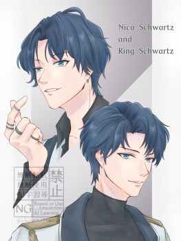 2boys absurdres black_shirt blue_eyes blue_hair commentary_request ear_piercing highres ikemen_villain jewelry multiple_boys nica_schwartz piercing ring ring_schwartz shirt short_hair siblings smile turtleneck twins white_background