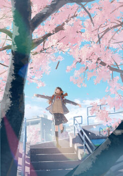 1girl absurdres backpack bag black_socks blue_jacket blue_sky bow bowtie brown_scarf building cherry_blossoms da_tengzi falling_petals graduation highres jacket lapels long_hair looking_up non-circular_lens_flare open_clothes open_jacket open_mouth original outdoors outstretched_arms petals power_lines red_bow red_bowtie scarf school_uniform skirt sky socks solo spread_arms stairs standing standing_on_one_leg tree