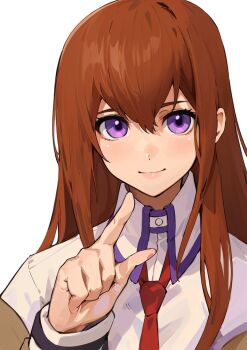 1girl blush brown_hair closed_mouth collared_shirt hair_between_eyes jacket jacket_partially_removed long_hair long_sleeves looking_at_viewer makise_kurisu necktie non-web_source purple_eyes red_necktie school_uniform science_adventure secretter shirt simple_background smile solo steins;gate upper_body white_background white_shirt
